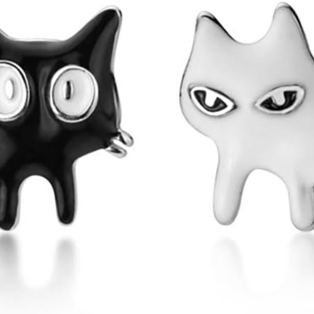 Sterling Silver Cat Earrings Studs for Women Teen Girls Black White Cat Studs Ea